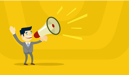 Business man speaking through megaphone. Vector flat illustration