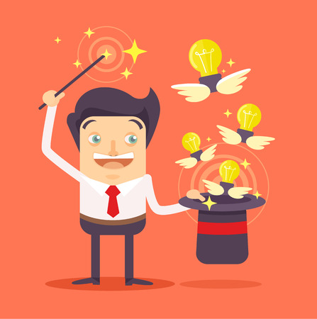 Businessman with magic hat full of ideas. Vector flat illustrationのイラスト素材