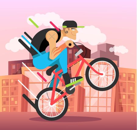 Young guy on bicycle. Vector flat illustrationのイラスト素材