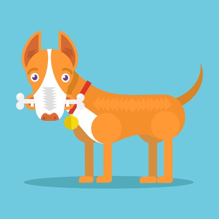 Happy dog with big white bone. Vector flat illustrationのイラスト素材