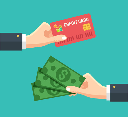 Hand with credit card and hand with cash. Vector flat illustrationのイラスト素材