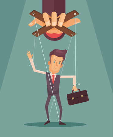 Worker marionette on ropes controlled boss hand. Vector flat illustrationのイラスト素材