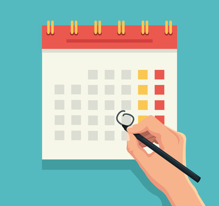 Hand with pen mark calendar. Vector flat illustrationのイラスト素材