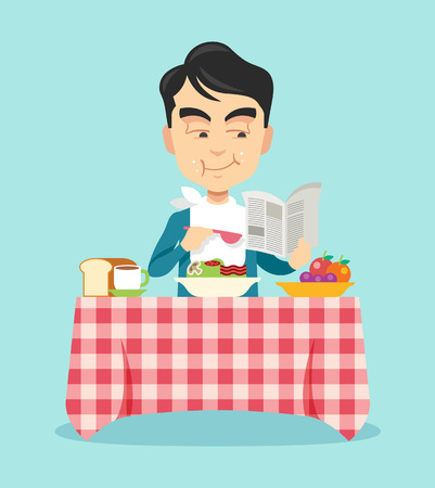 Man eating breakfast. Vector flat illustrationのイラスト素材