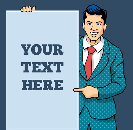 Retro man with banner. Vector comic illustrationのイラスト素材