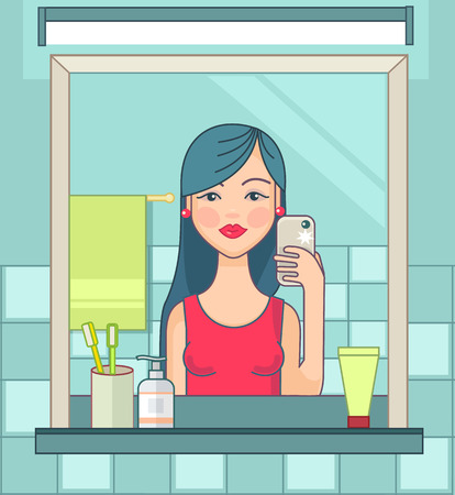 Selfie in bathroom. Vector cartoon line illustrationのイラスト素材