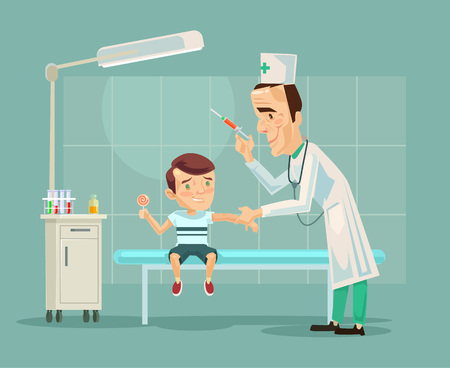 Doctor doing child vaccination. Vector flat cartoon illustrationのイラスト素材