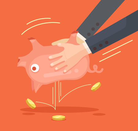 Hands shaking piggy bank. Vector flat illustrationのイラスト素材