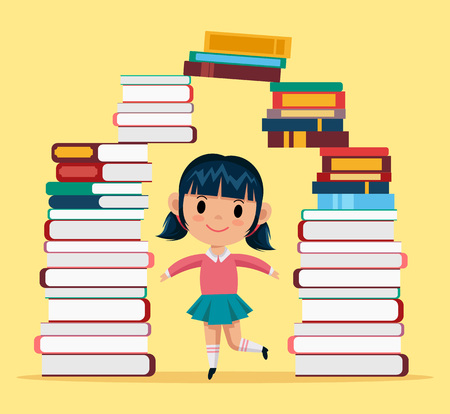 Girl in library. Vector cartoon flat illustrationのイラスト素材
