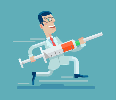 Doctor run with syringe. Vector flat illustrationのイラスト素材