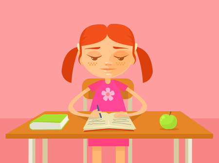 Girl do homework. Vector flat cartoon illustrationのイラスト素材