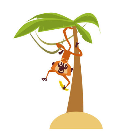 Monkey sitting on palm tree. Vector flat illustrationのイラスト素材