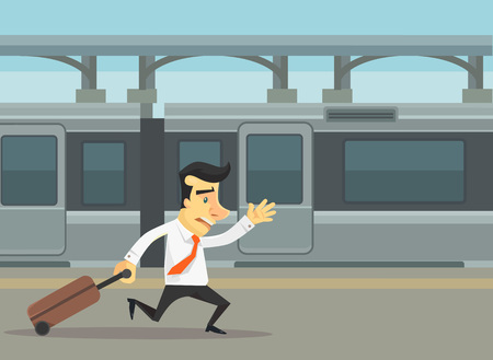 Businessmen running and missed train. Vector flat cartoon illustration