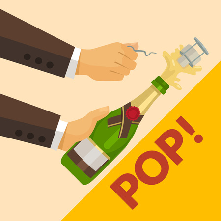 Opening champagne bottle. Vector flat illustrationのイラスト素材