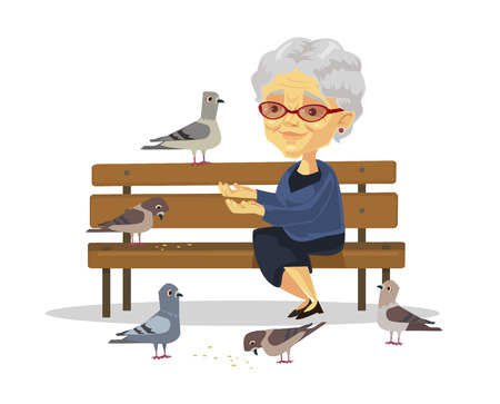 Old woman feeding birds. Vector flat illustrationのイラスト素材