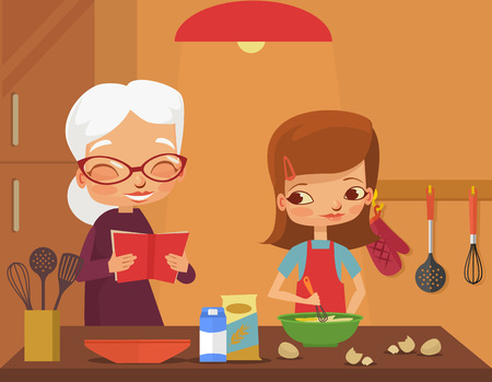 Grandmother and granddaughter cook. Vector flat cartoon illustrationのイラスト素材