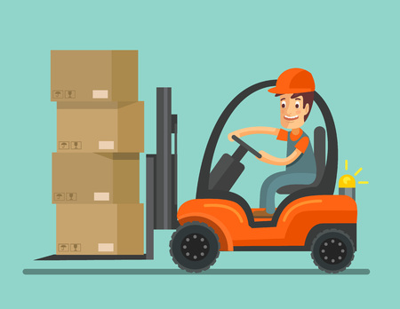 Forklift truck with worker. Vector flat illustrationのイラスト素材
