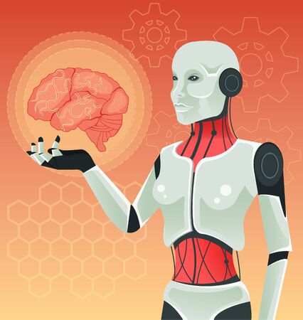 Robot woman holds human brain. Vector illustrationのイラスト素材