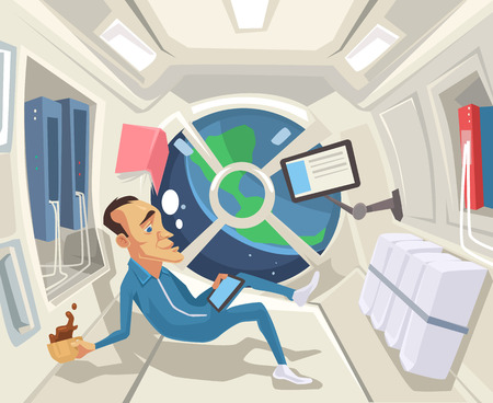 Astronaut in zero gravity. Vector flat cartoon illustrationのイラスト素材