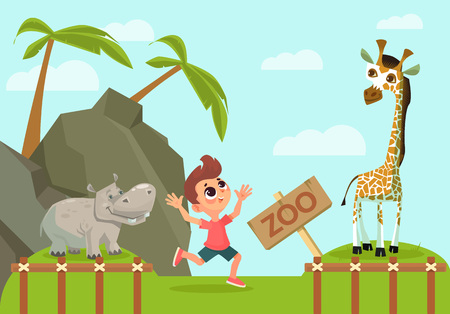 Boy in zoo. Vector cartoon flat illustrationのイラスト素材