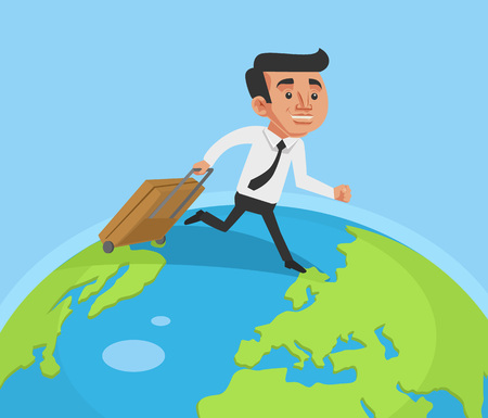 Business man run around the world. Vector flat cartoon illustrationのイラスト素材