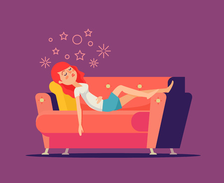 Sleeping girl on sofa. Vector flat cartoon illustrationのイラスト素材