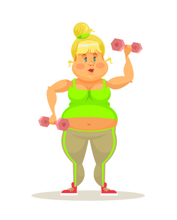 Fat women exercising. Vector flat cartoon illustrationのイラスト素材