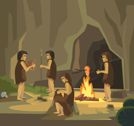 Cave people. Vector flat illustrationのイラスト素材