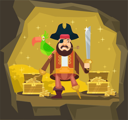 Pirate with gold. Vector flat cartoon illustrationのイラスト素材