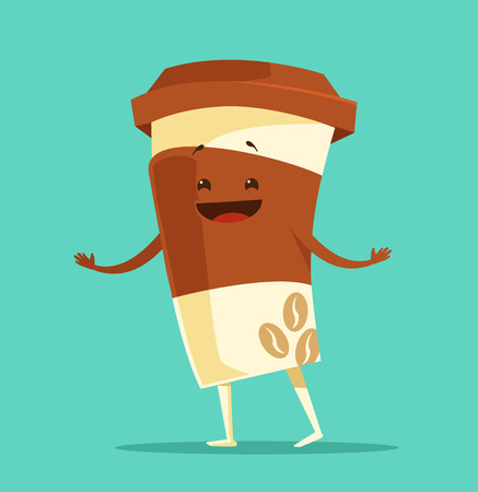 Cartoon cup of coffee. Cup of coffee dancing. Black coffee. Paper cup of coffee. Funny cup offee. Vector flat cartoon illustrationのイラスト素材