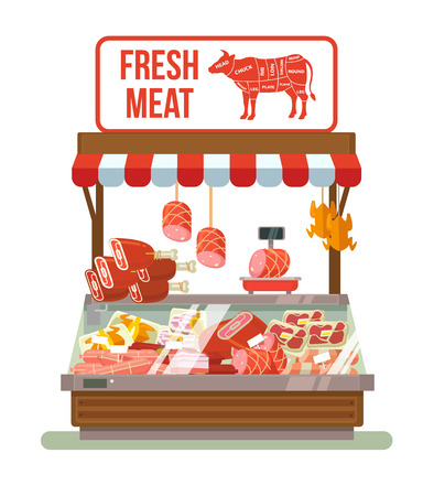 Fresh meat. Butcher shop. Shop with meat. Showcases with meat. Best meat. Red meat shop. Street market with meat. Vector flat cartoon illustrationのイラスト素材