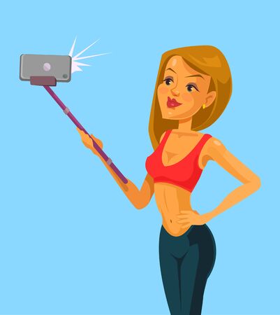 Girl take selfie. Vector flat cartoon illustrationのイラスト素材