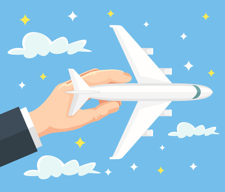 Hand holds airplane. Banner of travel by airplane. Vector flat cartoon illustrationのイラスト素材