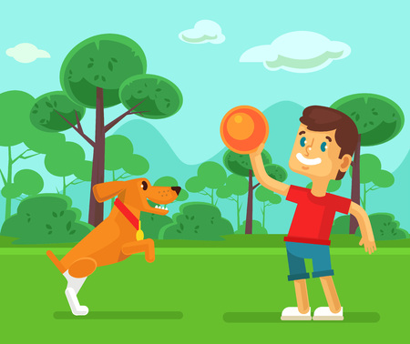 Boy playing with cute dog. Vector flat cartoon illustrationのイラスト素材