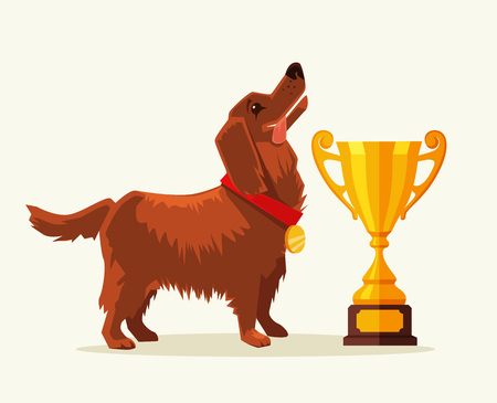 Dog champion with gold cup. Vector flat cartoon illustrationのイラスト素材