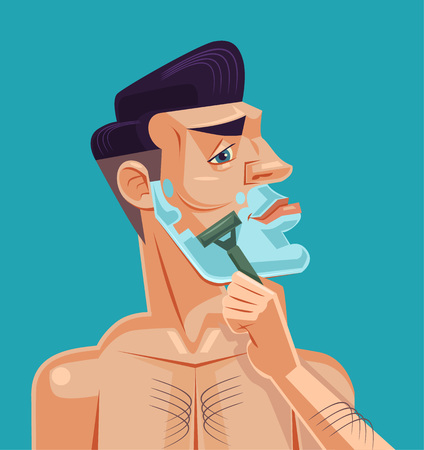 Man shaving face. Vector flat cartoon illustrationのイラスト素材
