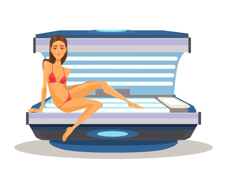 Woman in solarium. Vector flat cartoon illustrationのイラスト素材