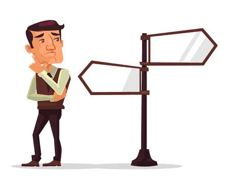 Thinking man. Difficult choice. Vector flat cartoon illustrationのイラスト素材