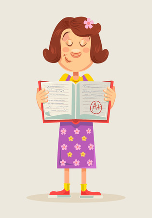 School girl showing perfect test results with A plus. Vector flat cartoon illustrationのイラスト素材