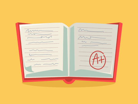 Good grade and excellent work. Examination notebook. Open notebook with good grade. Vector flat cartoon illustrationのイラスト素材