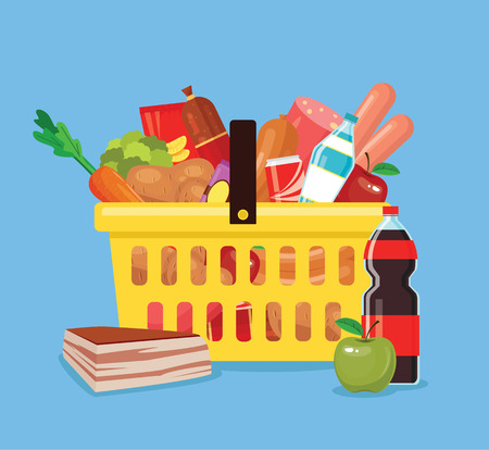 Food and drink basket. Shop basket full of fresh food. Vector flat cartoon illustrationのイラスト素材