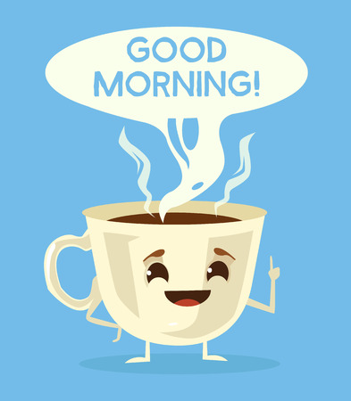 Cute cup of coffee. Good morning with black coffee. Vector flat cartoon illustrationのイラスト素材