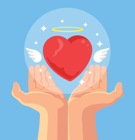 Angel heart in hand. Heart in hand as symbol of love. Hand giving heart with wings. Vector flat cartoon illustrationのイラスト素材