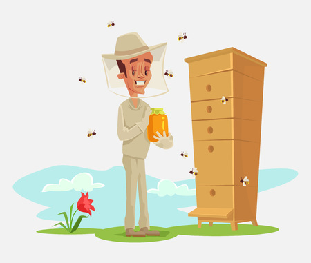 Beekeeper. Bee uly. Apiary. Bee garden. Vector flat cartoon illustrationのイラスト素材