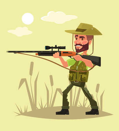 Hunter character with gun. Vector flat cartoon illustrationのイラスト素材