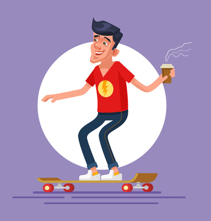 Cool man character with takeaway coffee riding board skateboard. Vector flat cartoon illustrationのイラスト素材