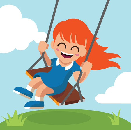 Happy little girl on swing. Vector flat cartoon illustrationのイラスト素材