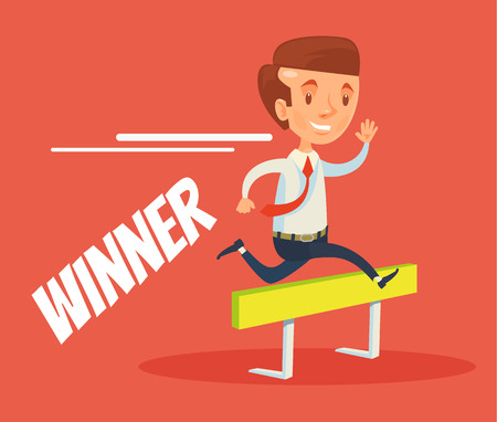 Winner businessman jumping over barriers. Vector flat cartoon illustrationのイラスト素材