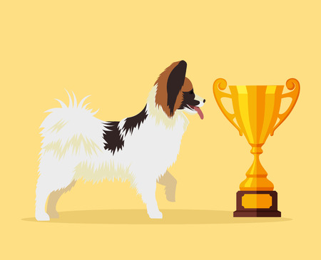 Papillon dog character champion with gold cup. Vector flat cartoon illustrationのイラスト素材