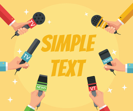 Journalism interview. Microphone in the hands. Vector flat cartoon illustrationのイラスト素材